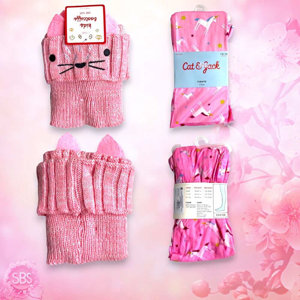 Girls’ Winter Accessories - Unicorn Tights & Cat Boot Cuffs Set of 2
